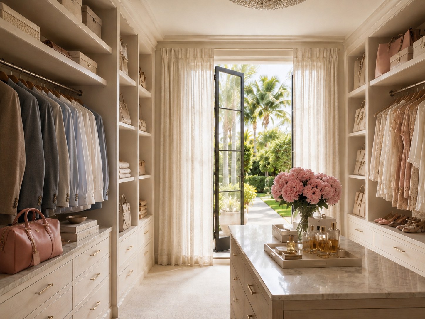 Luxury organized walk-in closet in Palm Beach style