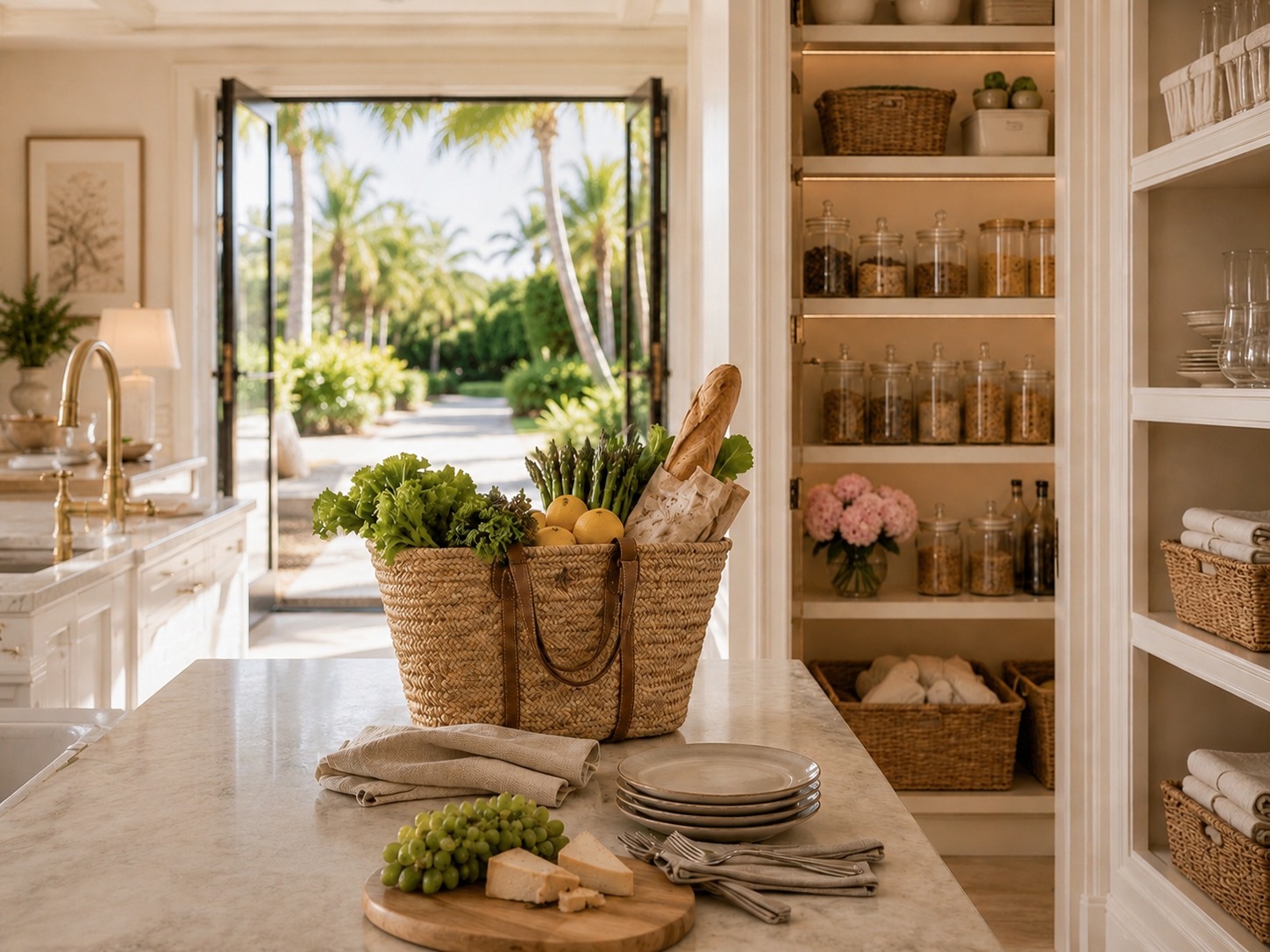 Elegant pantry and household support preparation in Palm Beach style